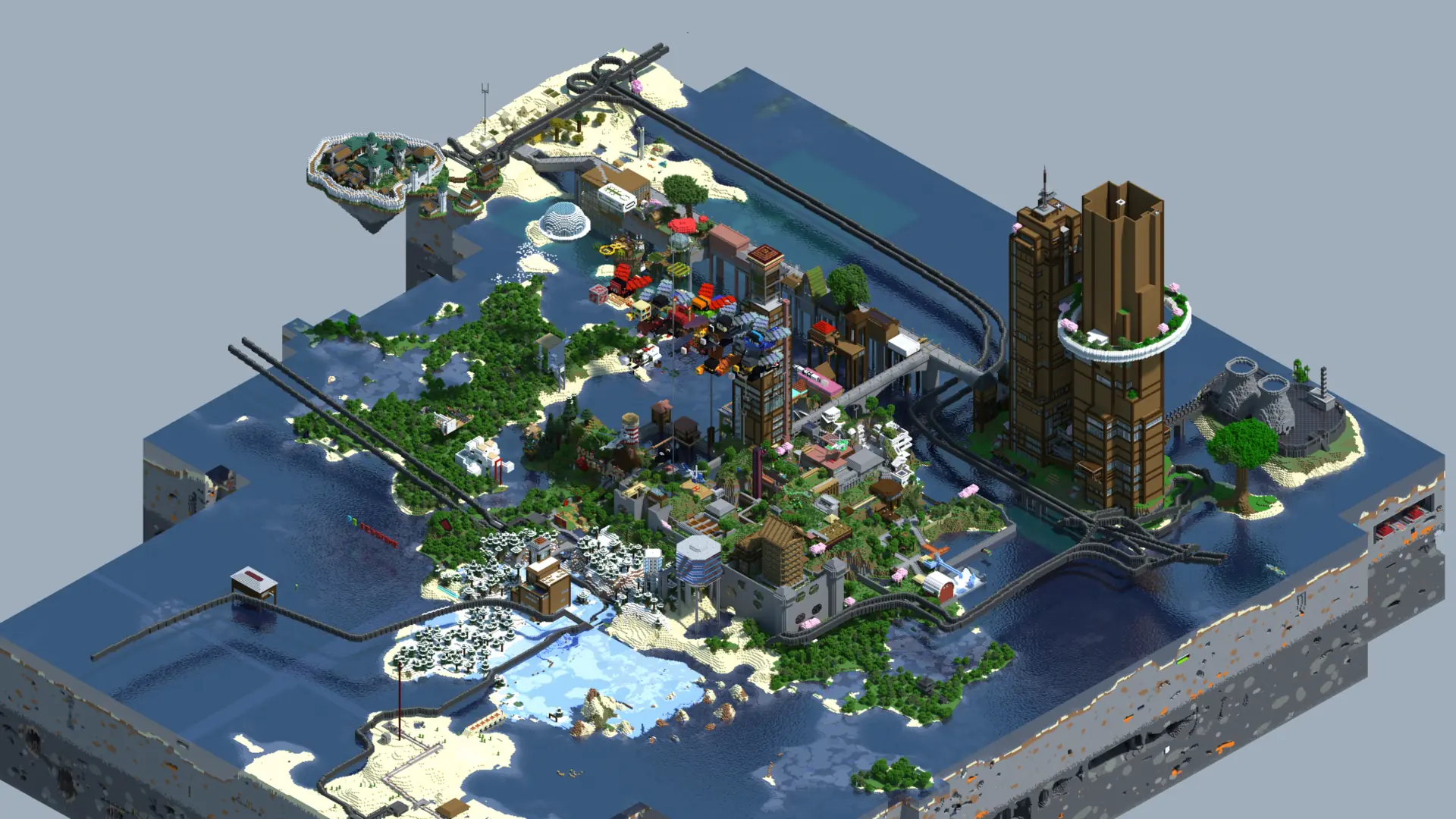 An overview render of Founding Island and its surrounding infrastructure
