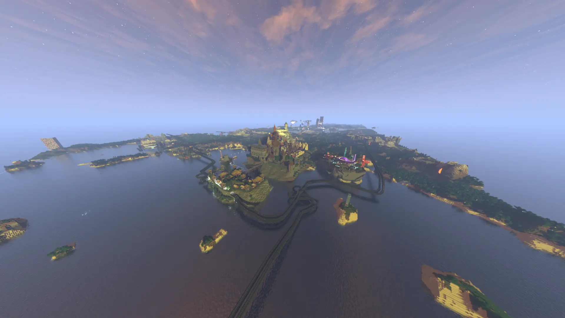 An overview render of the Redstone Theme Park region